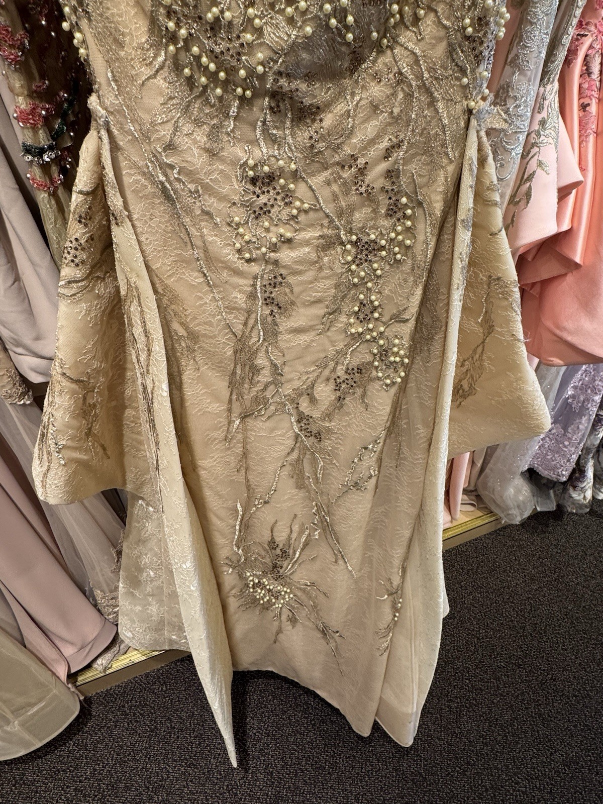 Saiid Kobeisy Gold Ivory Pearl Beaded Lace Peplum Evening Gown Size 46 US 14