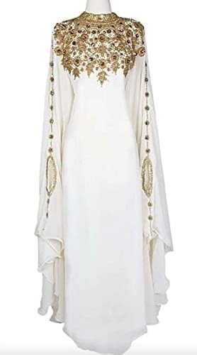 NRFB NEW ELEGANT WHITE AND GOLD HAND BEADED MODERN DUBAI KAFTAN DRESS