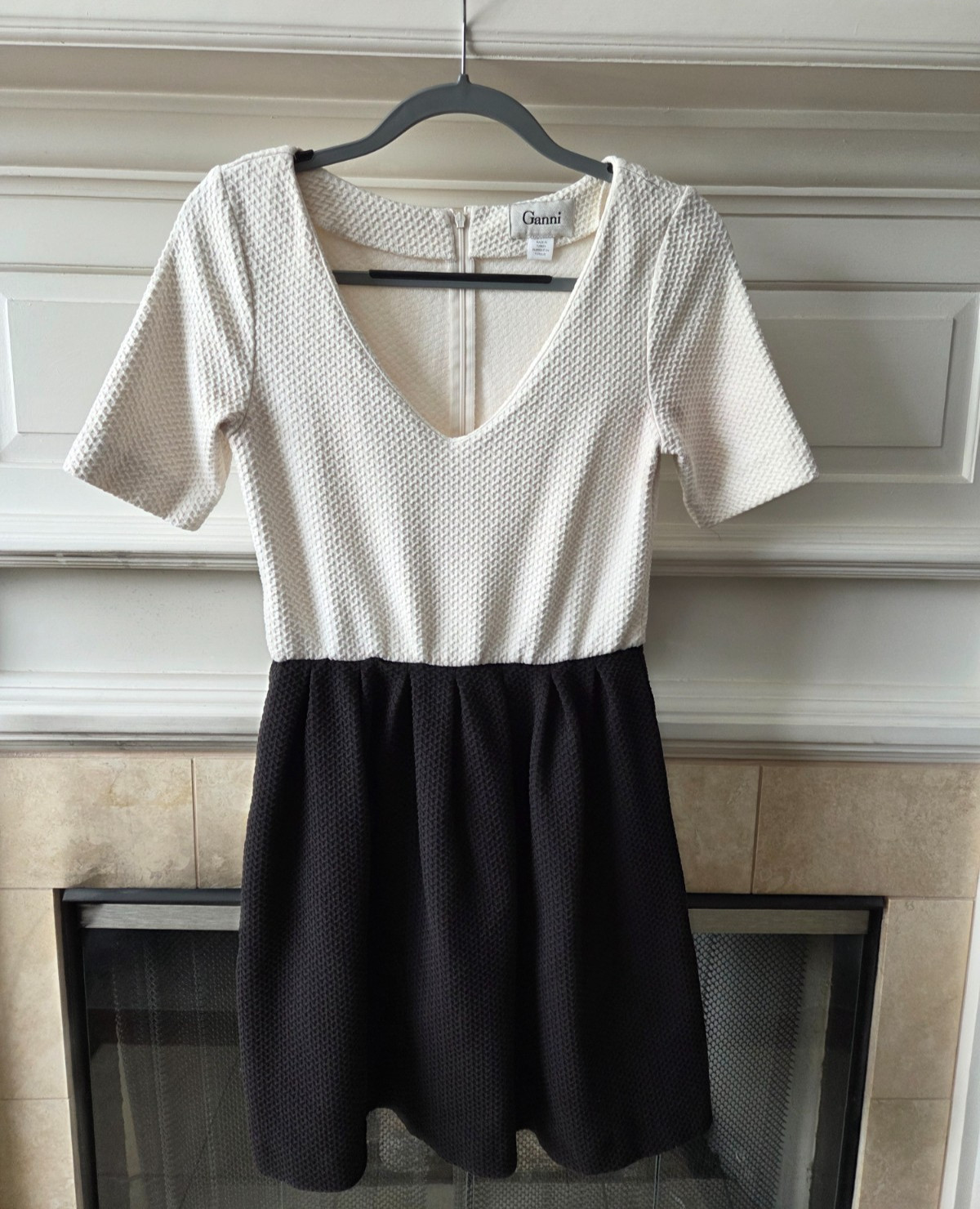 Ganni Ivory Black Textured Fit & Flare Mini Dress V-Neck Short Sleeve