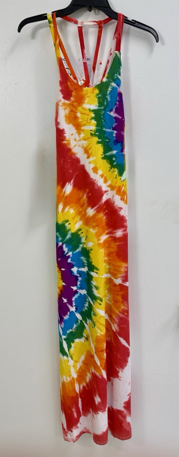 New Forever Cute Women’s Rainbow Tie Dye Maxi Dress Strappy Stretch Small