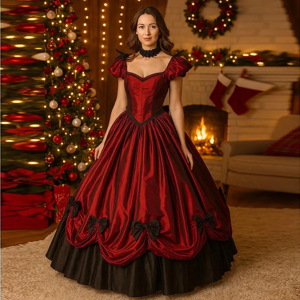 Victoria Red Evening Gown with Bow Ball Costume Rococo Medieval Prom Ball Dress