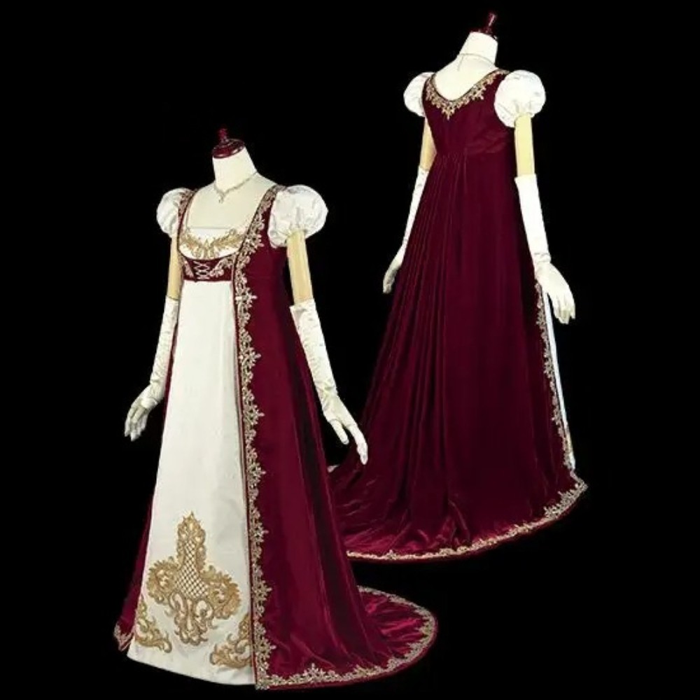 Burgundy White Regency Era Ball Gowns Gold Embroidery Vintage Royal Formal Dress