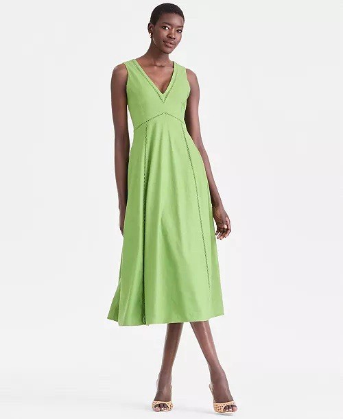 INC LINEN BLEND V NECKLINE MIDI DRESS SZ LARGE IN FRESH BASIL NWT $134