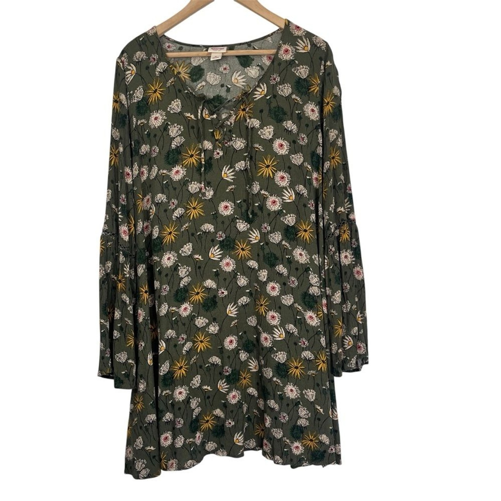 Mossimo Supply Co. Olive Green Floral Bell-Sleeve Dress XL