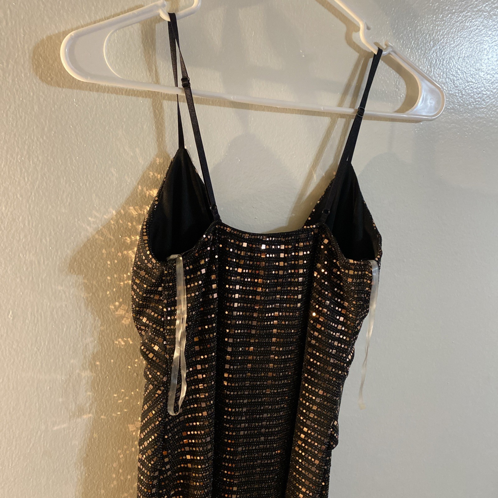 Cozy Fox Black And Gold Pullover Dress spaghetti strap open knee length Sz S