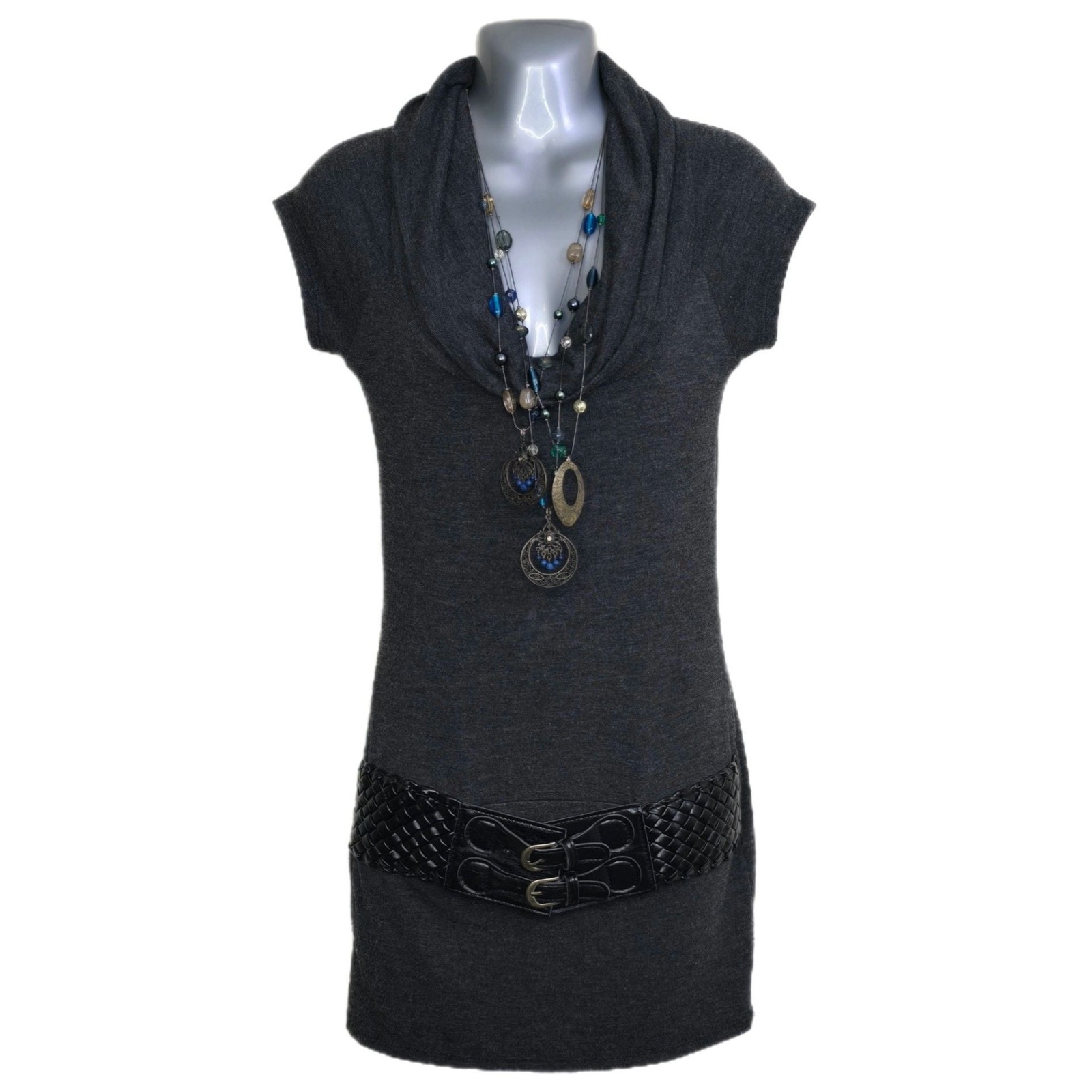 Bella D. Womens Gray Cowl Neck Mini Dress w/ Built-in Belt and Necklace M
