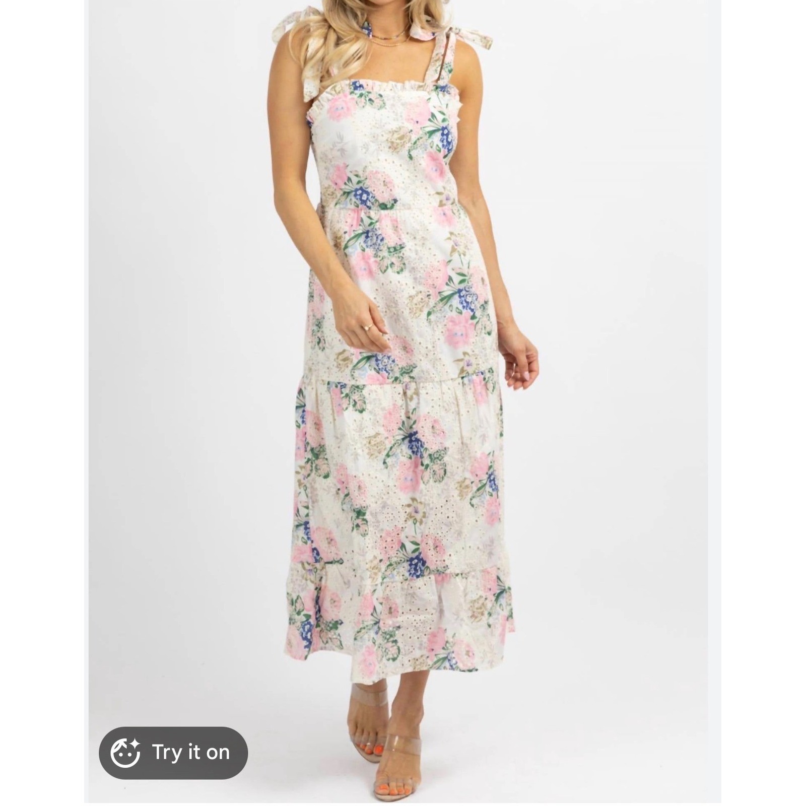Sunday Up Floral Eyelet Lace Tie Shoulder Smocked Midi Dress Pink White Medium