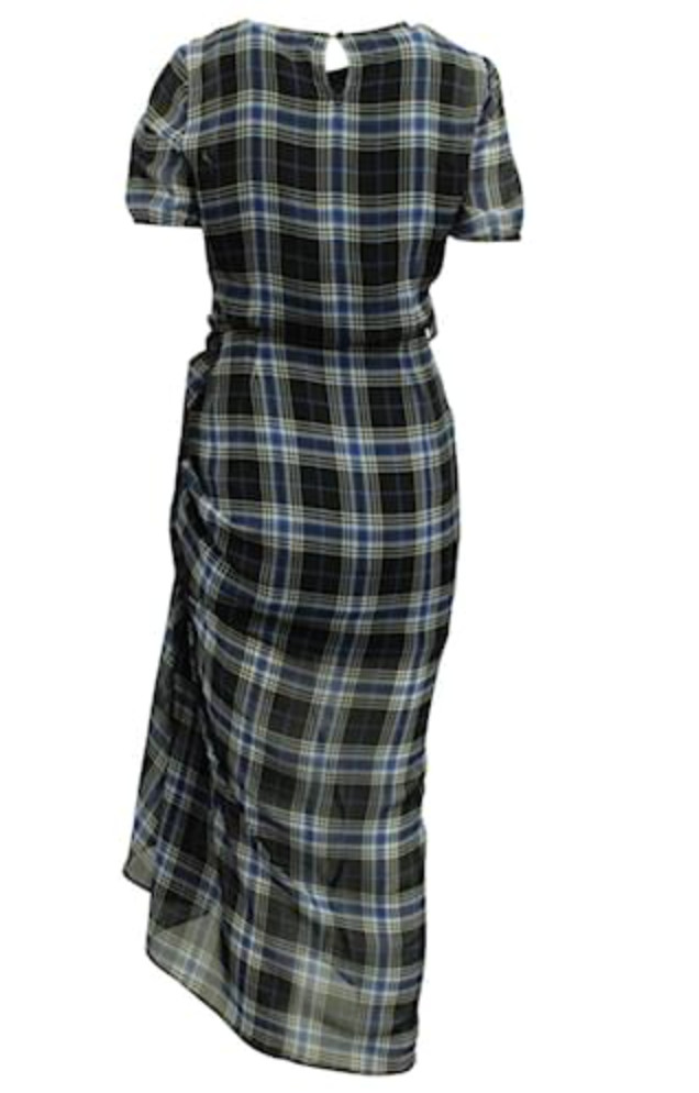 Maje Side-Ruched Plaid Tartan Blue and Navy Long Dress Ruffle UK size 10