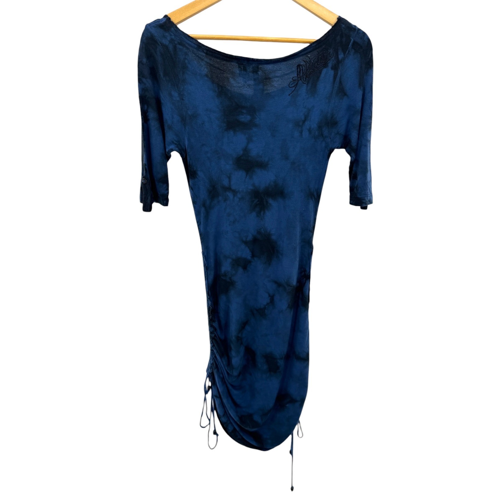 Affliction Blue Black Tie Dye Ruched Drawstring Asymmetrical Tee Dress M