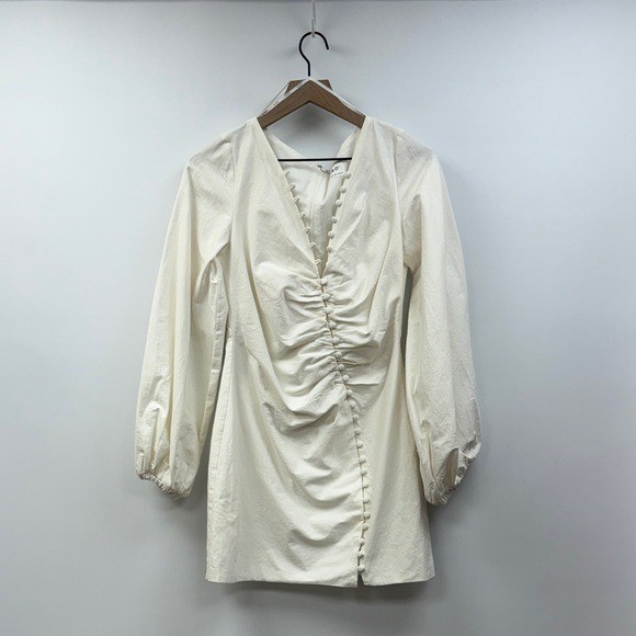 NWOT Sabo Minna Button-Up Ruched Balloon Sleeve Mini Dress White 6
