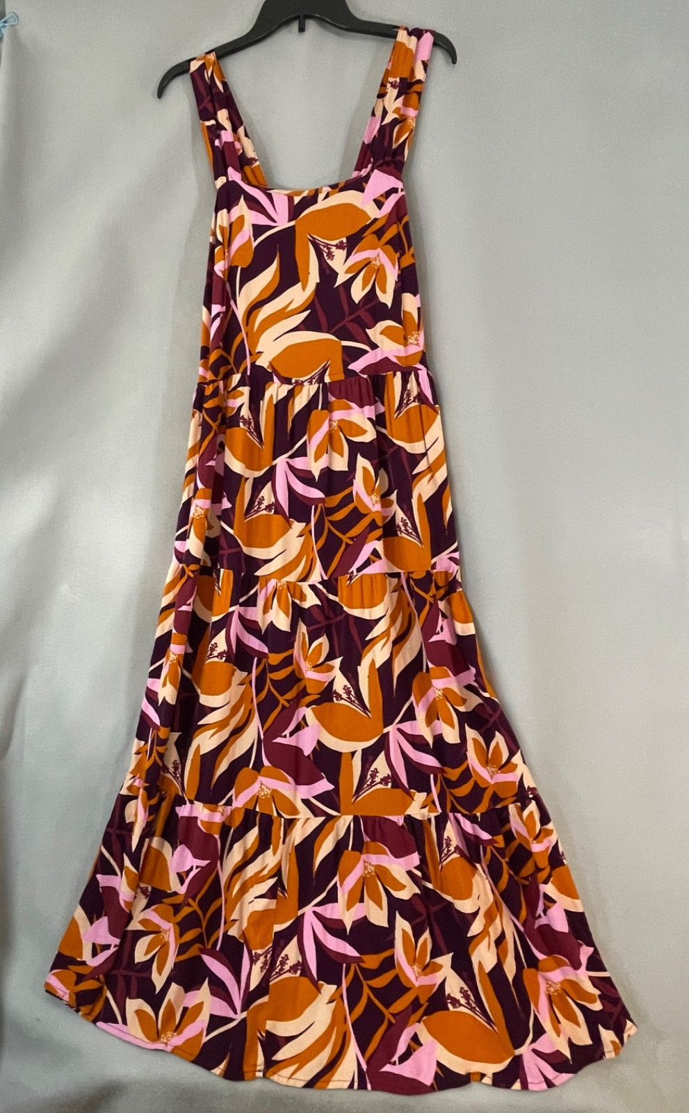 Fred David Plum Orange Tropical Hibiscus Tiered Smocked Maxi Dress Plus 1X