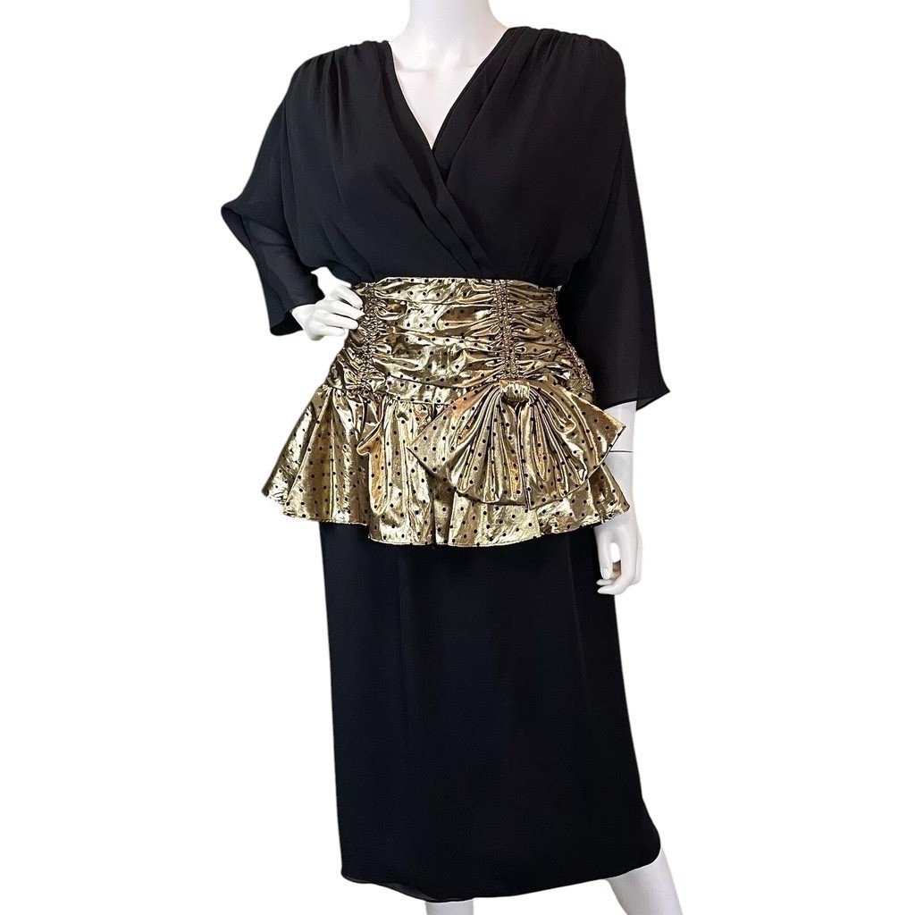 Vtg 80s Pat Richards Metallic Ruched Peplum Lame Dot Dress Black Gold Size 8