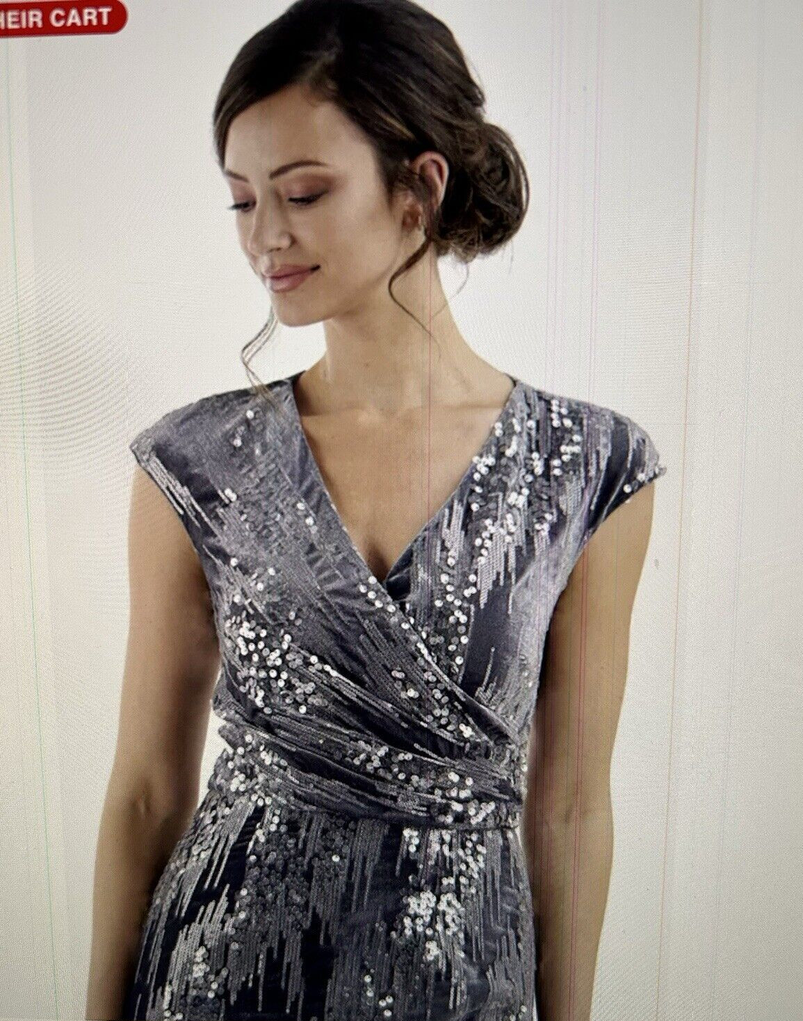 JS Collections June Sequin Velvet Faux Wrap Cocktail Dress in Gray/Silver Sz 16