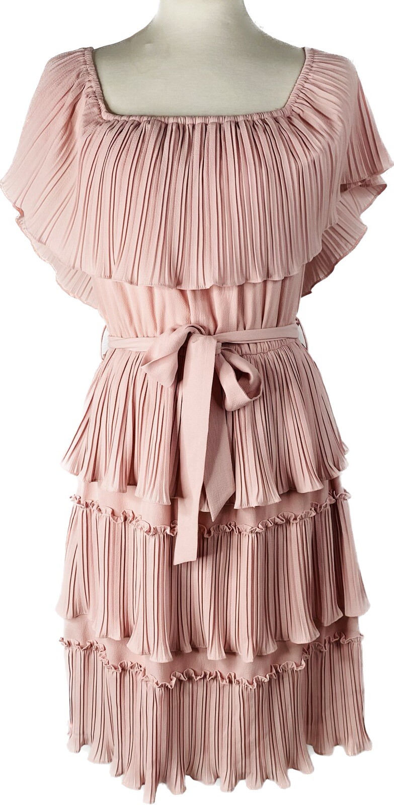 She + Sky Sz S/M Pink Mini Dress Textured Pleated Tiered Ruffle Tie at Waist NEW