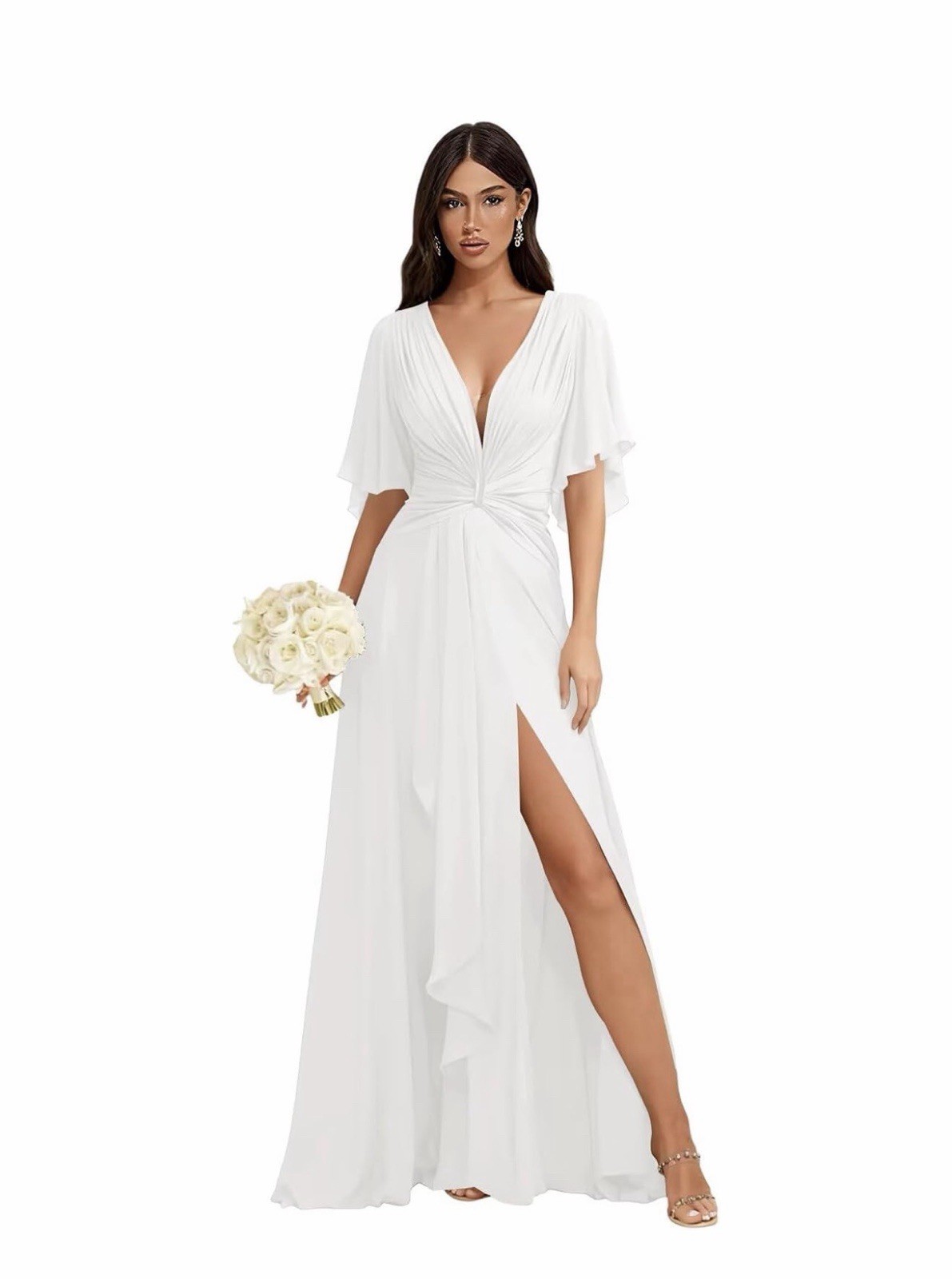 Wedding V Neck Flutter Sleeve Lace Up Back Bridal White Ruched Dress SZ 4 New