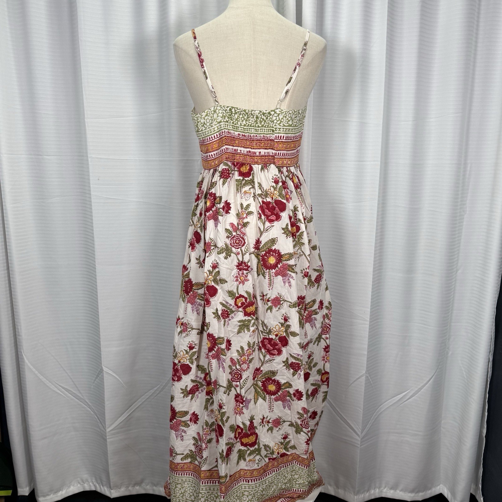 ANOKHI Floral Hand Block Print Indian Cotton Maxi Dress Boho A-line Sz M Cottage