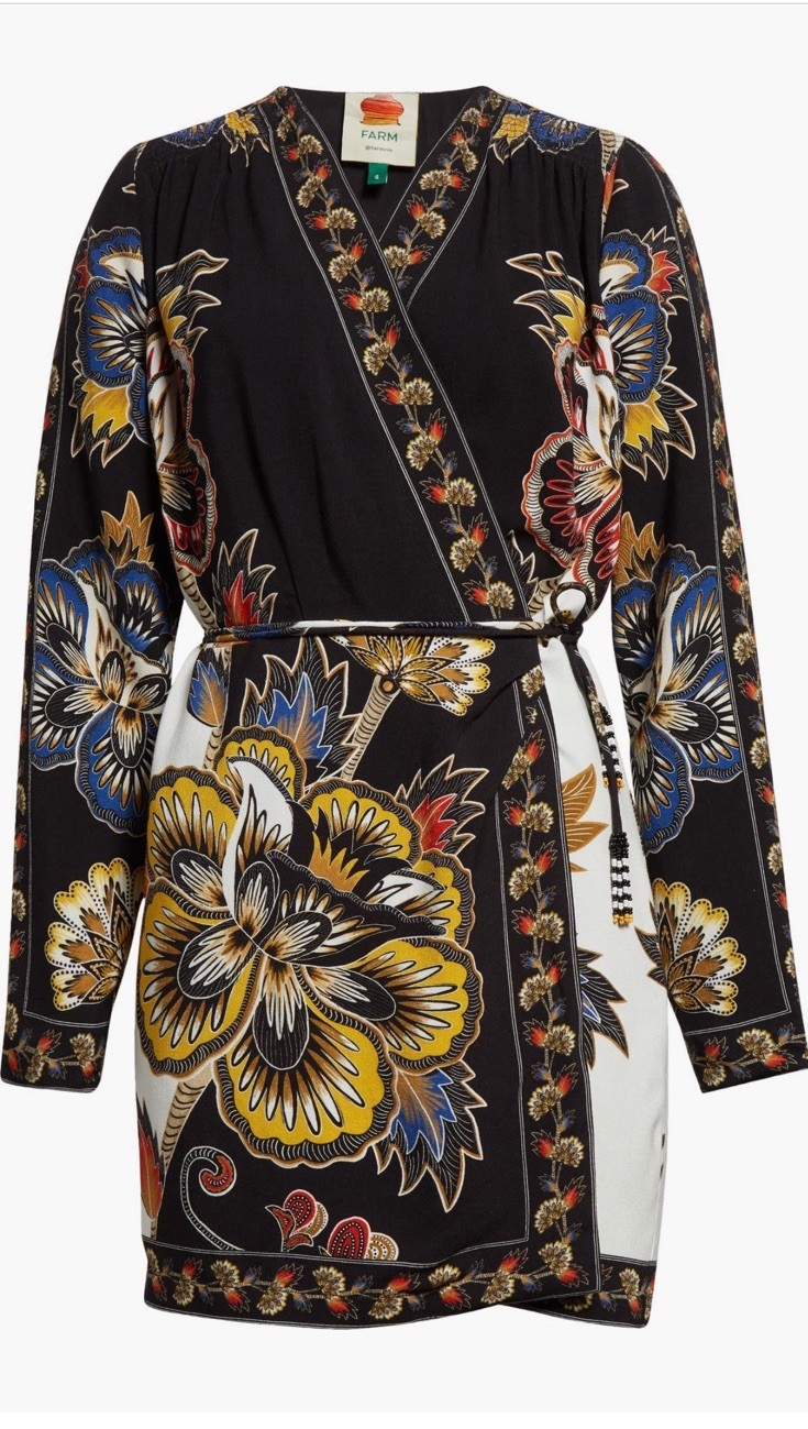 NWT Farm Rio Floral Border Print Long Sleeve Wrap Minidress Black M Dress