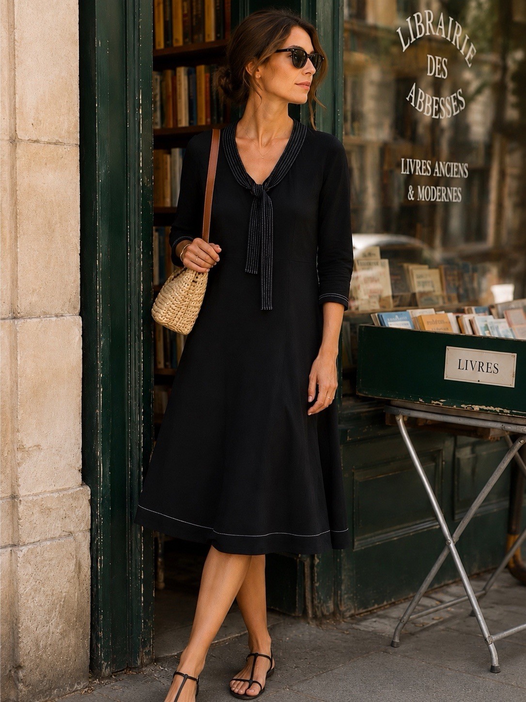Vintage Sonia Rykiel Mainline Knit Midi Tie Neck Dress XS Black Paris