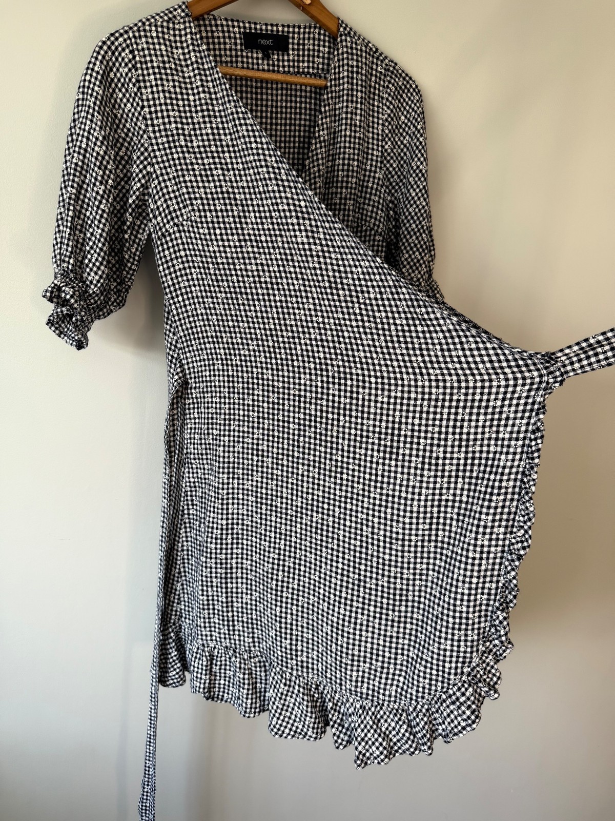 Next Gingham Floral Mini Wrap Dress UK 8 Linen-Viscose