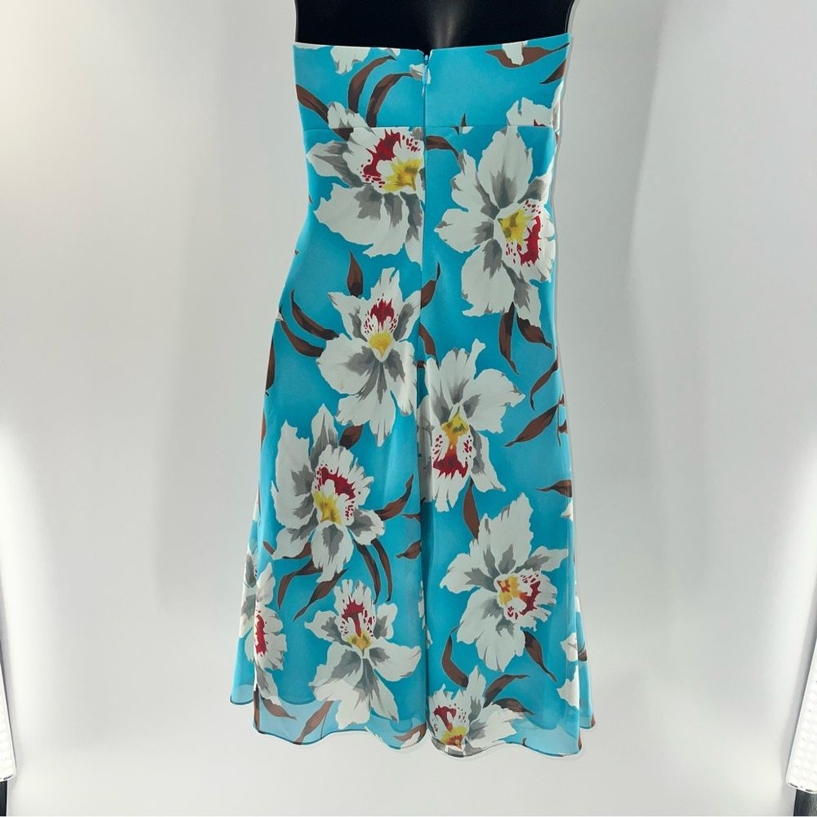 ABS Allen Schwartz Strapless Mini Blue w/White, Green, Red Floral Print Dress-4