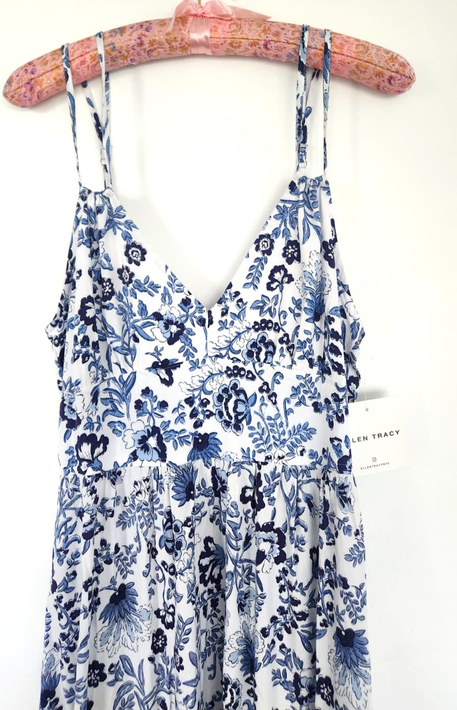 ✨NEW! Modern ELLEN TRACY Blue Cottage Floral Farm Long Maxi Dress Rio Gypsy $149