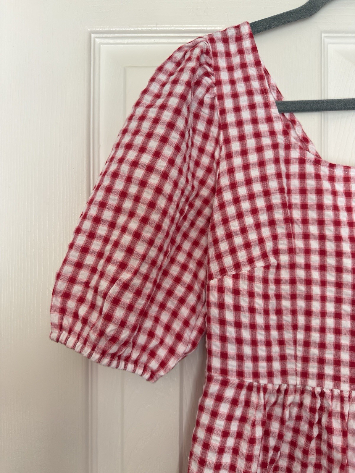 LOFT Red/White Gingham Square Neck Puff Sleeve Bow Back Mini Dress 4 Cotton