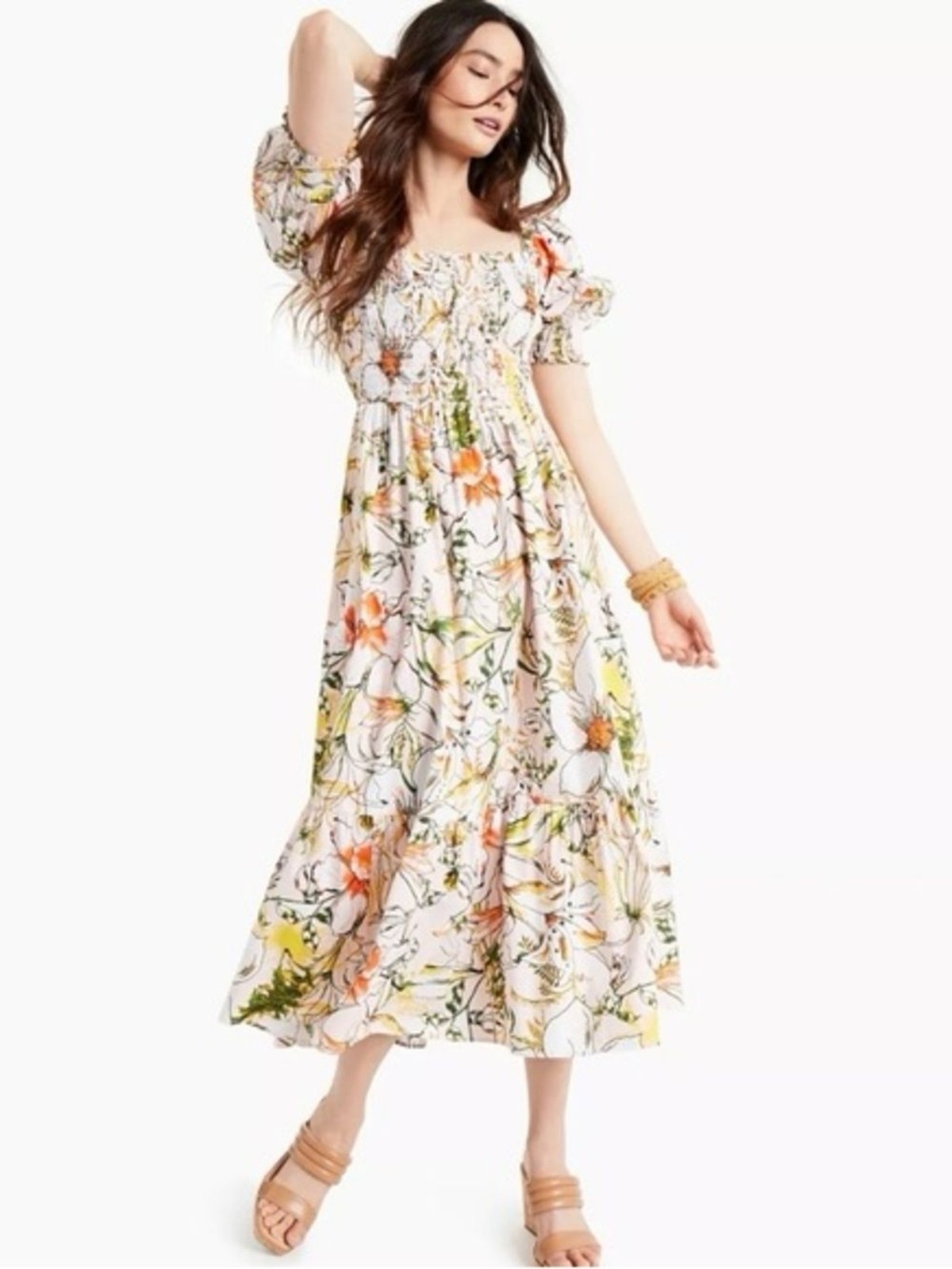 INC International Concepts floral puff sleeve midi dress sz S