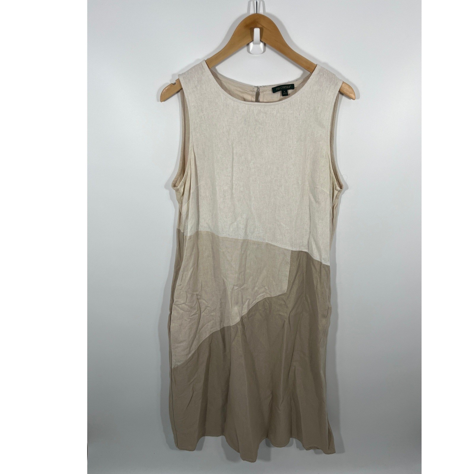 Women Linen Blend Maxi Dress L Beige Neutral Minimalist Capsule Euro Summer Chic