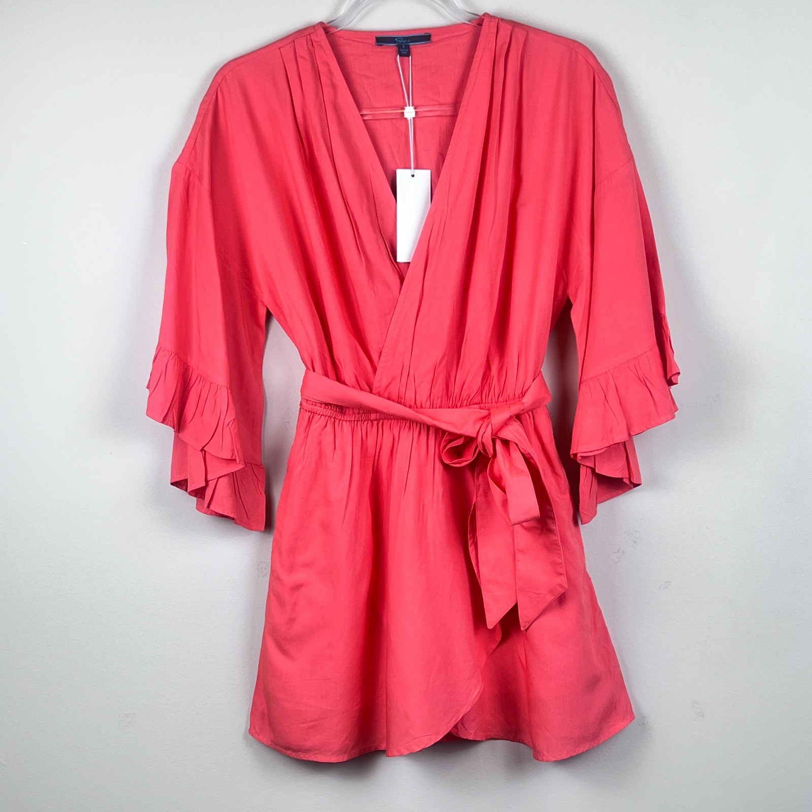 Shore Light Coral Peach Faux Wrap Mini Dress Tie Waist Ruffle Sleeve Pockets
