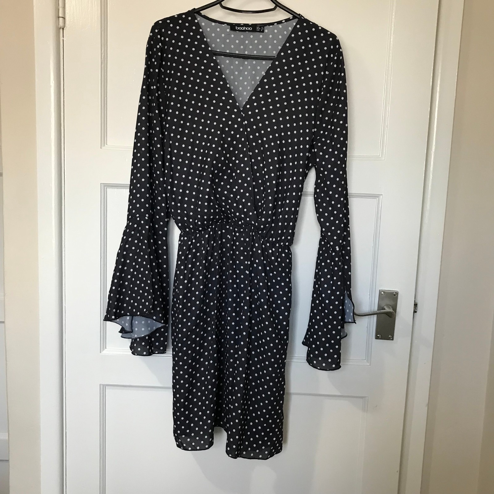 Boohoo Dress Womens Size 12 Navy Blue White Spotty Polka Dot Long Bell Sleeve