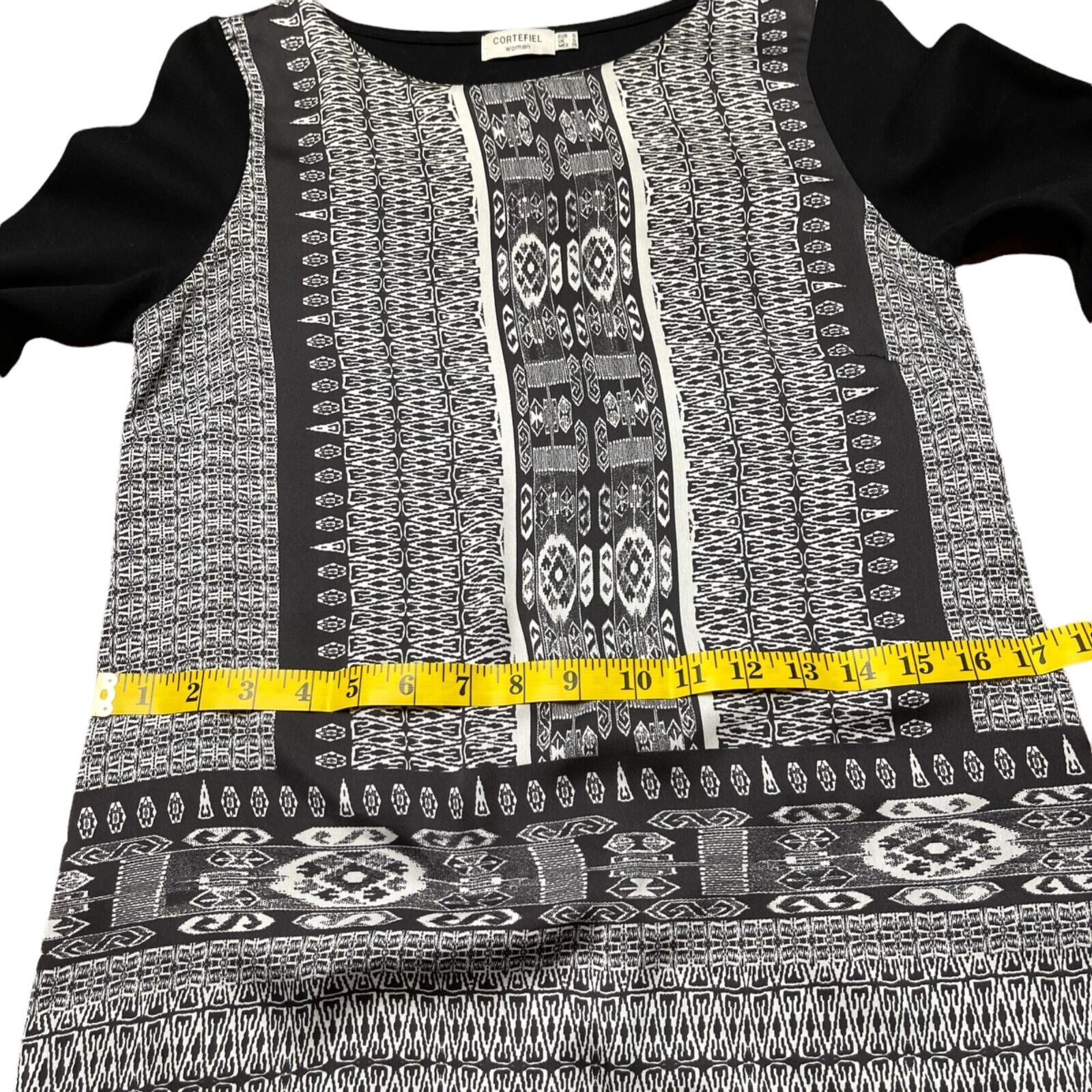 Cortefiel Shift Mini Dress Small Gray Black Boat Neck Long Sleeve Stretch Print