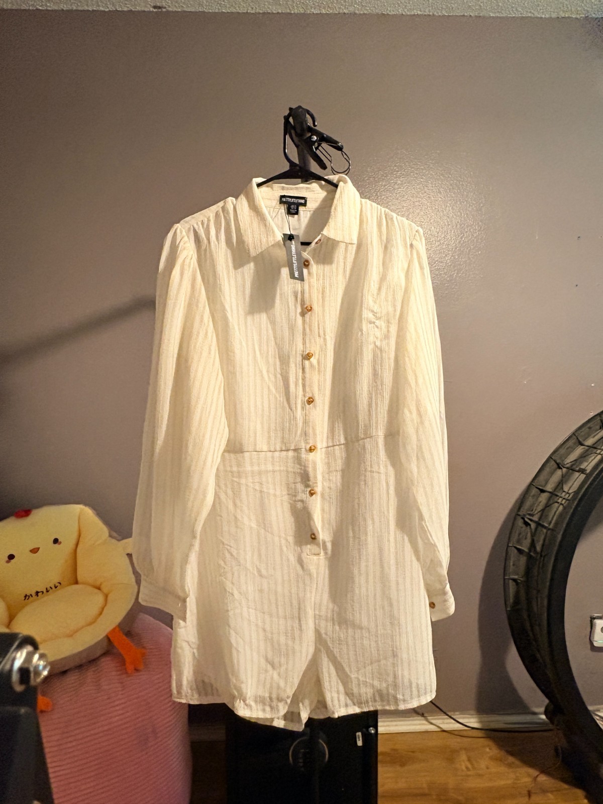 PrettyLittleThing – White w Yellow Stripes Button Up Dress, Cuffed Sleeve, Sz 12