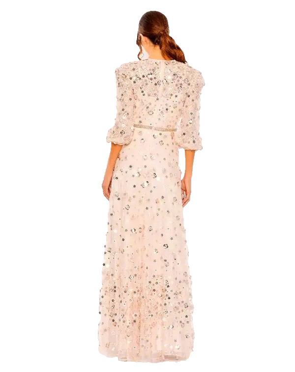 Mac Duggal Blush Pink Peach 3d Floral Applique Puff Sleeve Gown Size 14 $698