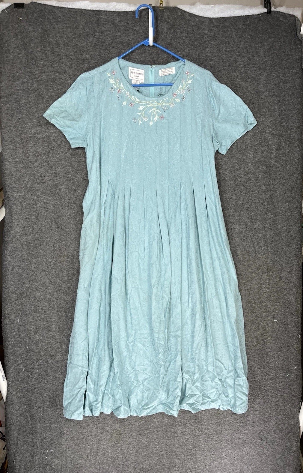 Vintage Karin Stevens Petites Midi Dress Size 14 Pleated Embroidered Tie Back