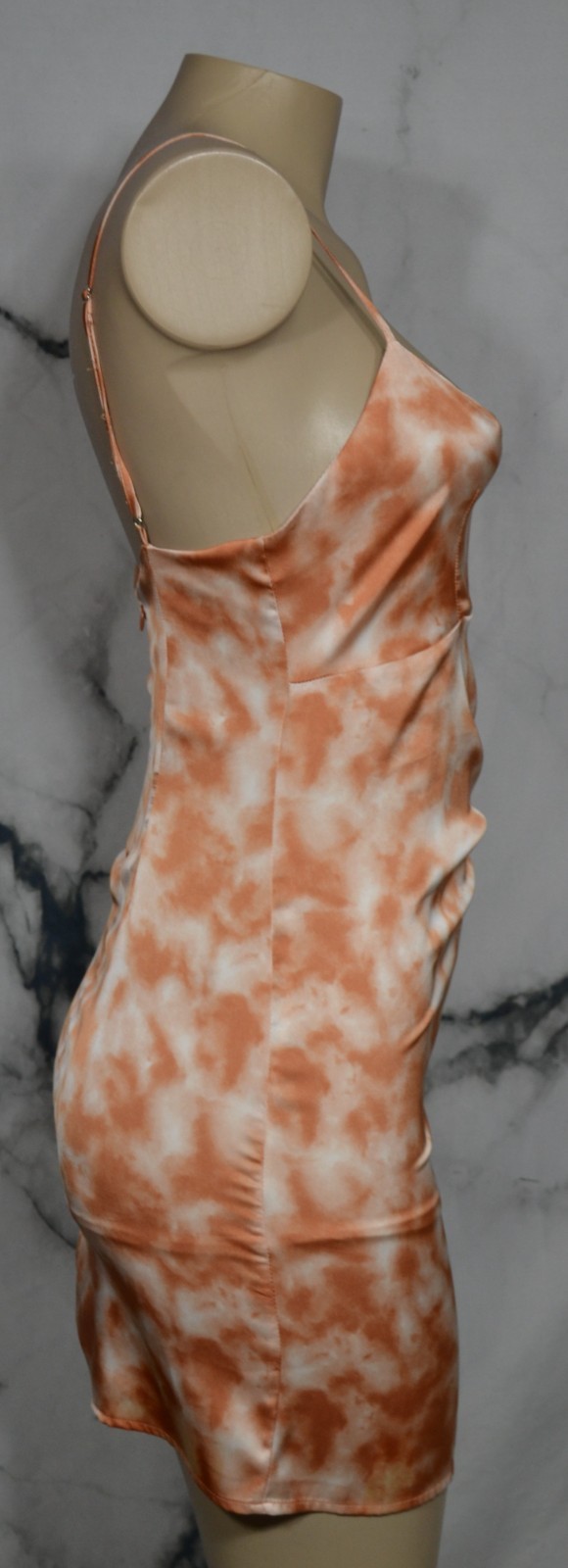 FOREVER 21 Beige Rust Marbled Slip Dress Small Spaghetti Strap Lined Ruched Seam