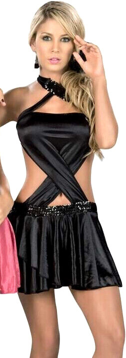 4031 Black Sequins Short Straps Club Wear Cocktail Mini Cut Out Dress S M L XL