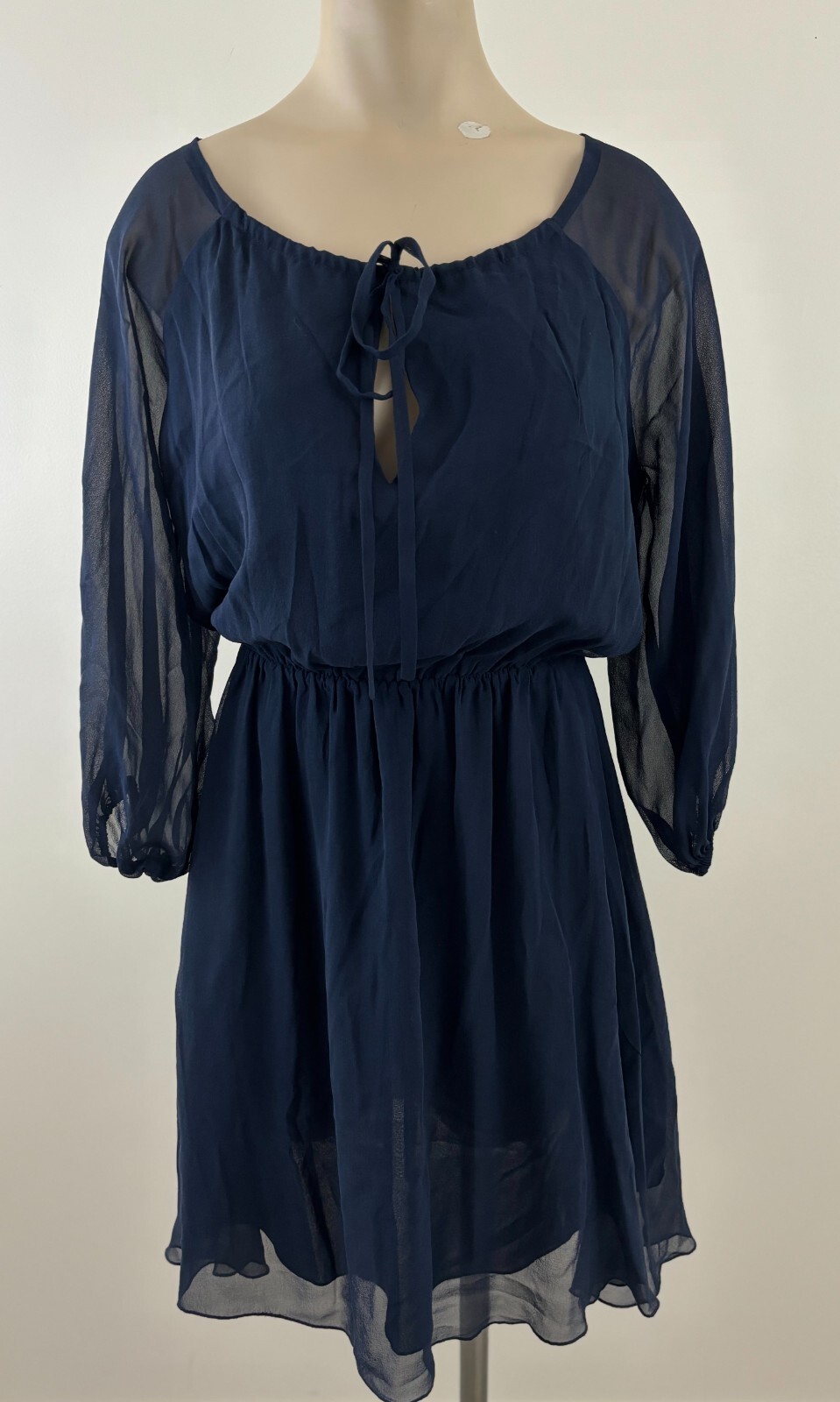 ALICE + OLIVIA 100% SILK Women XS Navy Semi Sheer Sleeve Keyhole Tie Lined Dress