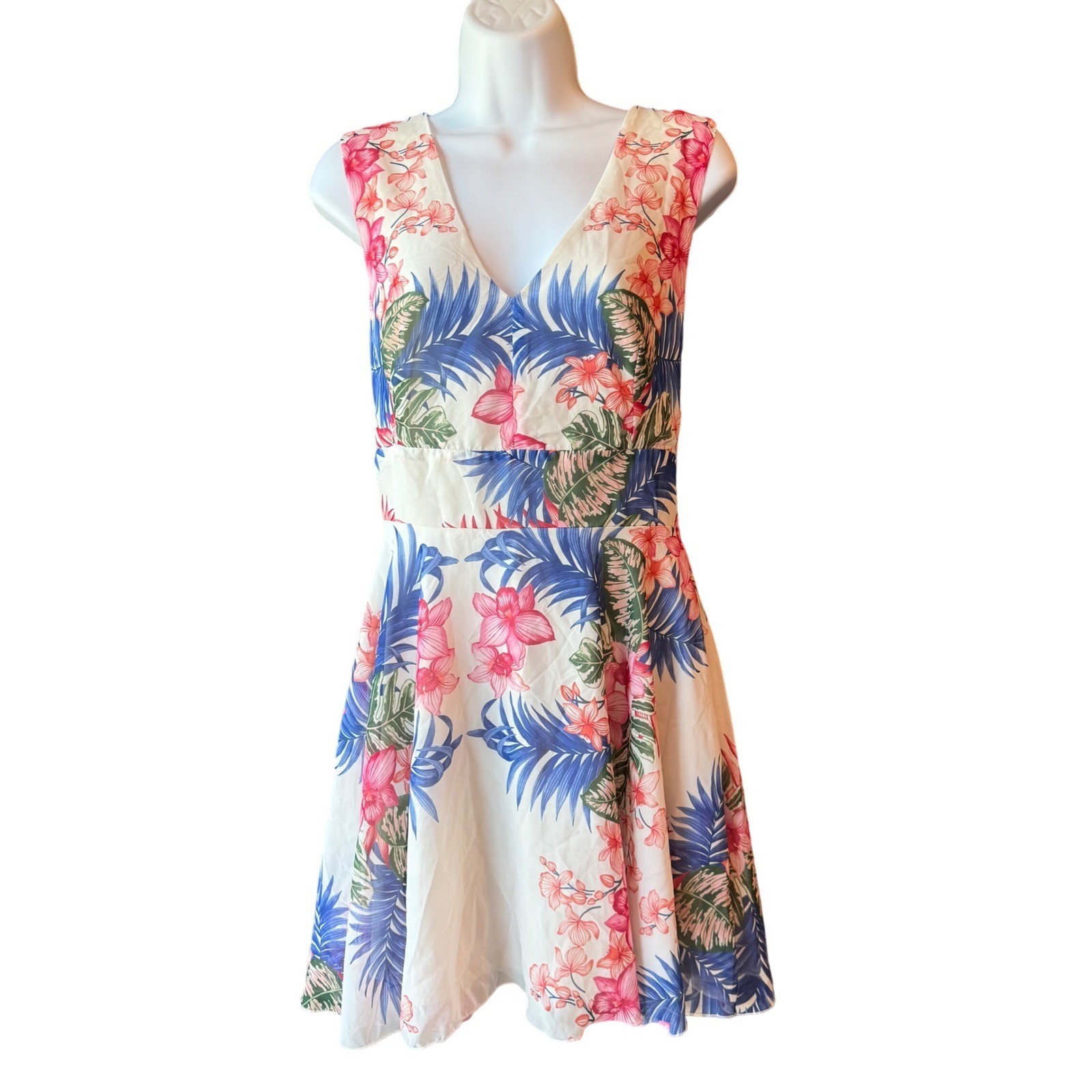 Love Tropical Print Dress V Neck Sleeveless White Pink Blue M/L New With Tag