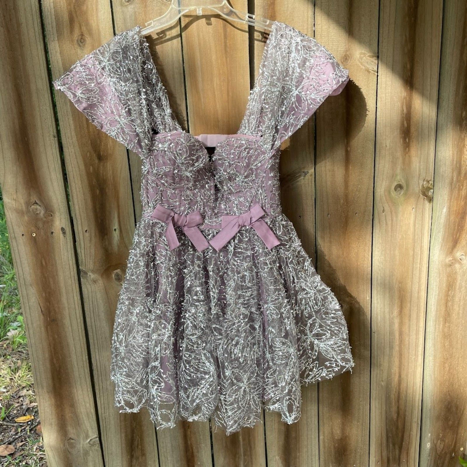FOR LOVE AND LEMONS BRYNNE Mini DRESS Silver Tinsel Mesh Purple Bows Sz L