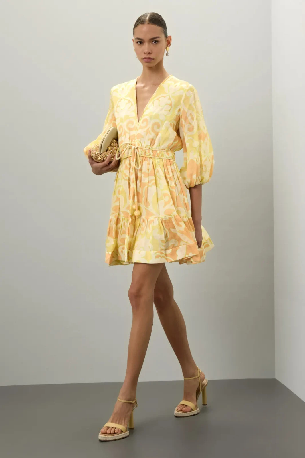ALEXIS Capri Short Mini Dress Yellow Abstract Print 3/4 Sleeve, Size S