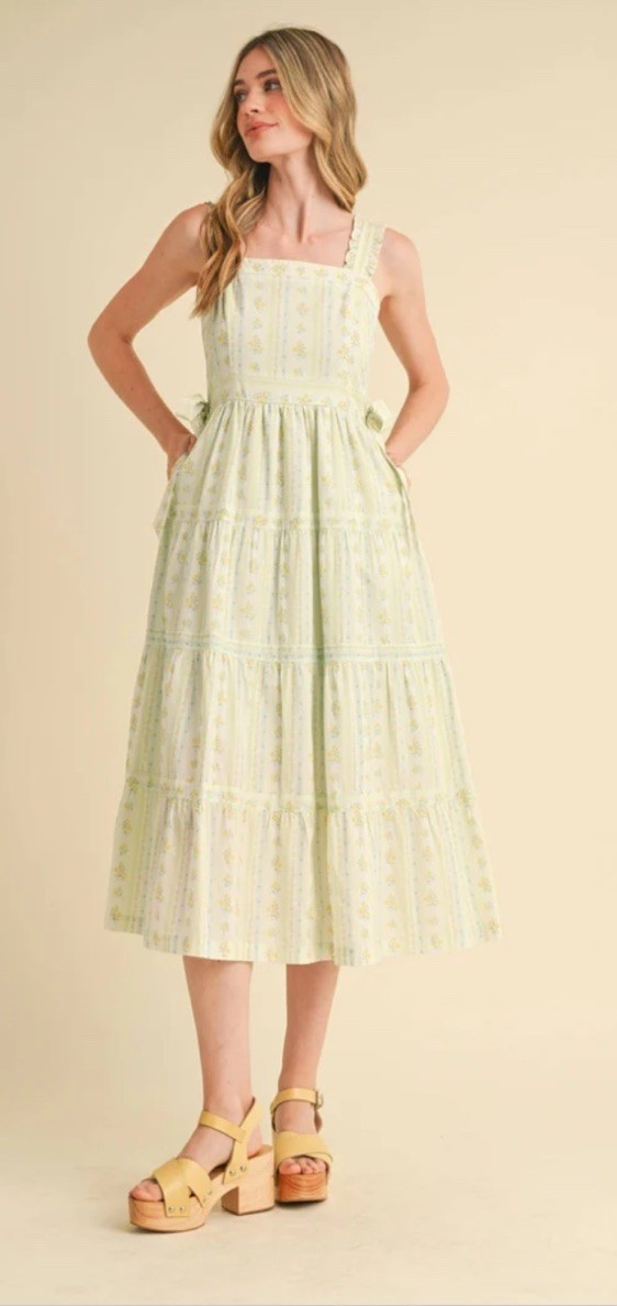 NWT &Merci RUFFLED STRAP FLORAL DRESS WITH SIDE TYING BOWS – Chartreuse Yellow