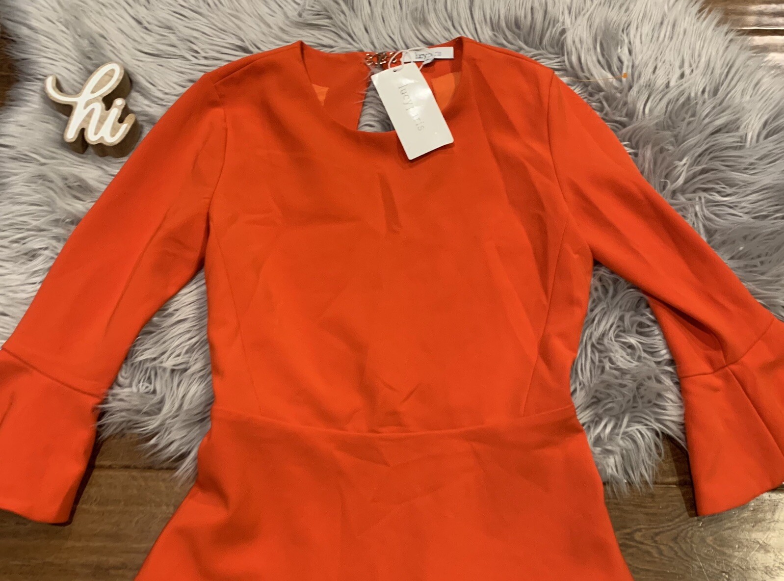 Lucy Paris Dress Red Orange Bell Sleeve Open Back Fit & Flare Size Small New