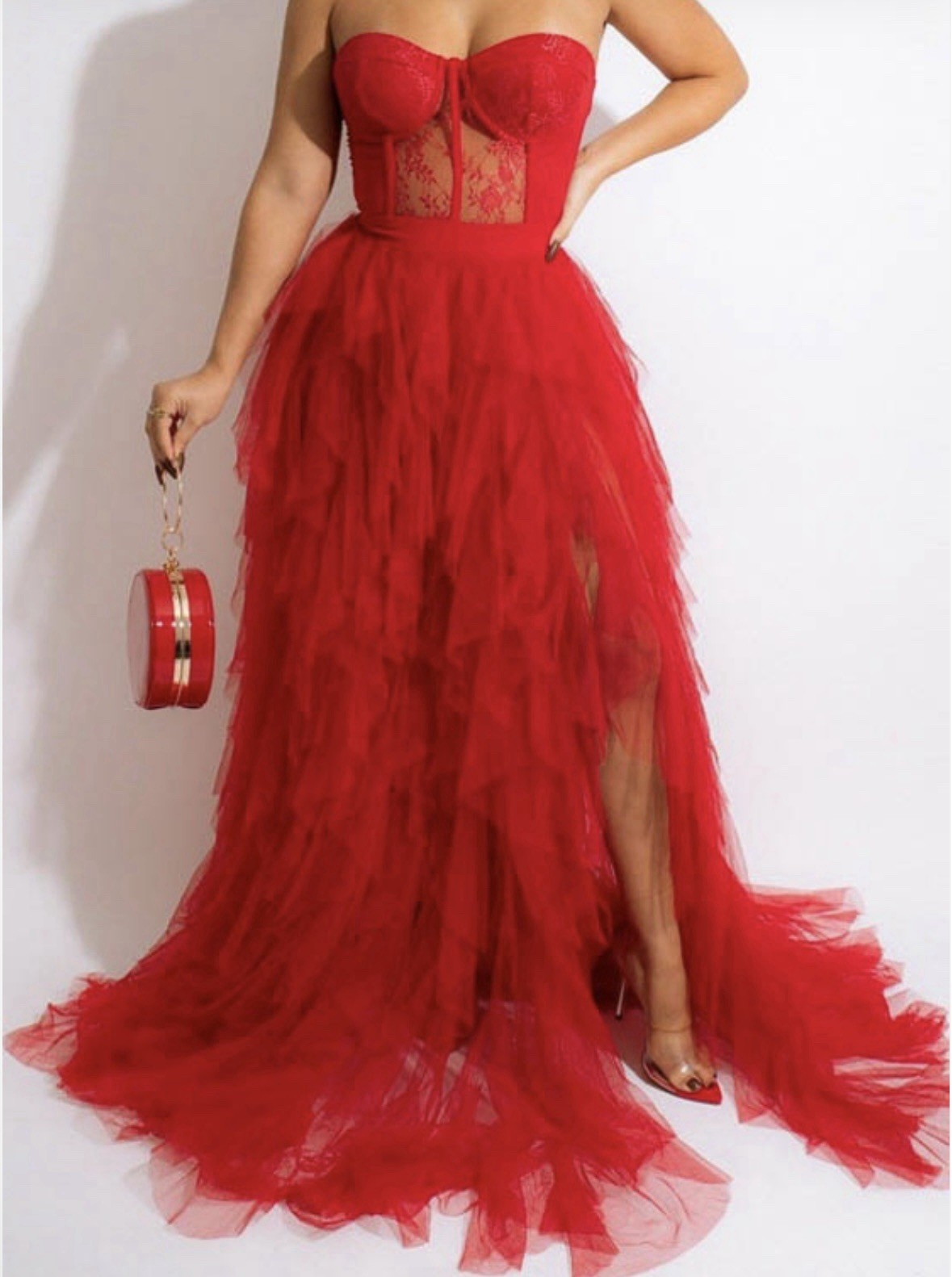 Corset-ruffled red backless Dress Size: Large