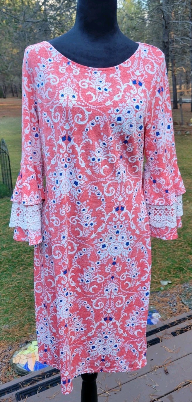 Boho Lagenlook Hippie Bright Orage Paisley Floral 3/4 Bell Sleeve Egypt Dress 10