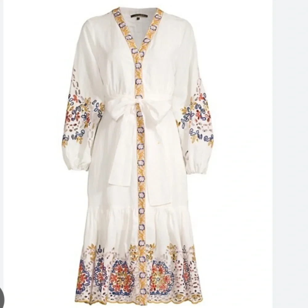 Kobi Halperin Sibel Shirt Midi Dress Eyelet Floral Embroidery Ivory Linen Belt 6