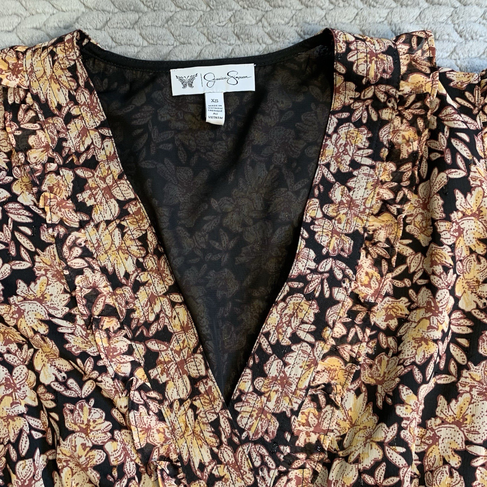 Jessica Simpson Floral Shift Dress Ruffles Sz XS Black, Gold, Brown