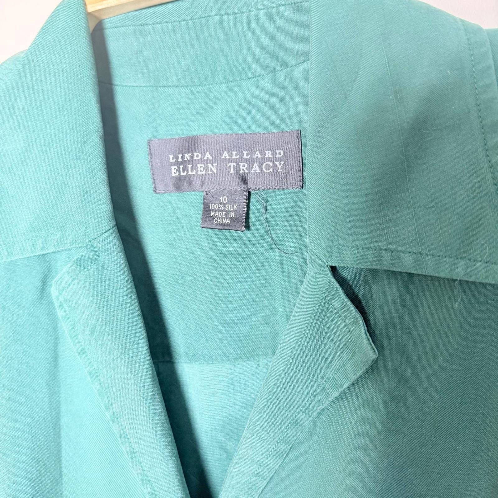 Linda Allard Ellen Tracy Teal Green 100% Silk Button Front Midi Dress Womens 10