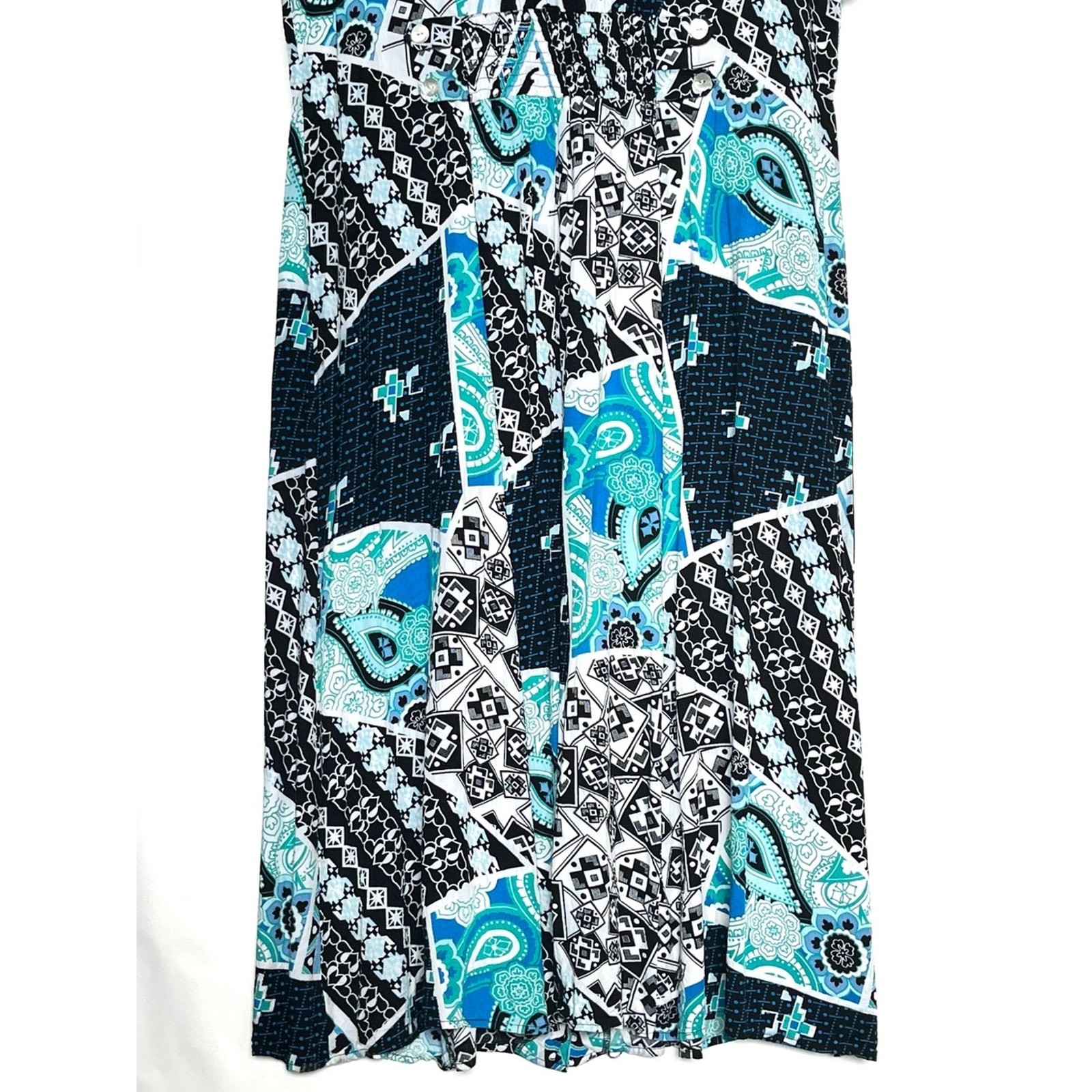 Vintage 90s Mixed Print Maxi Dress Size 1X Button Front Teal Black Paisley Soft