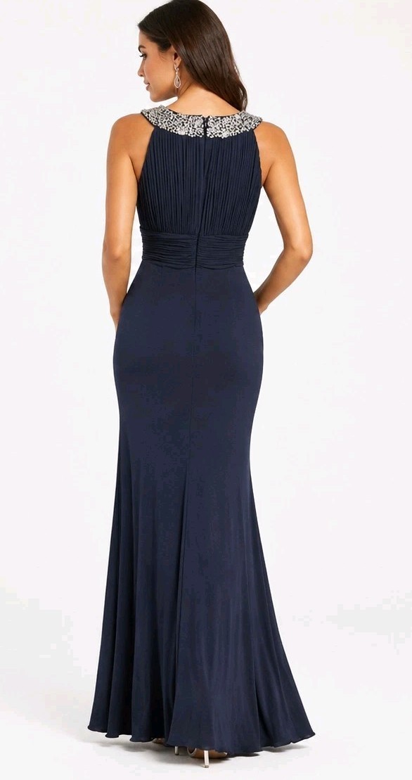 JS Boutique Gown 4 Navy Beaded Pleated Formal Evening Prom Maxi Dress