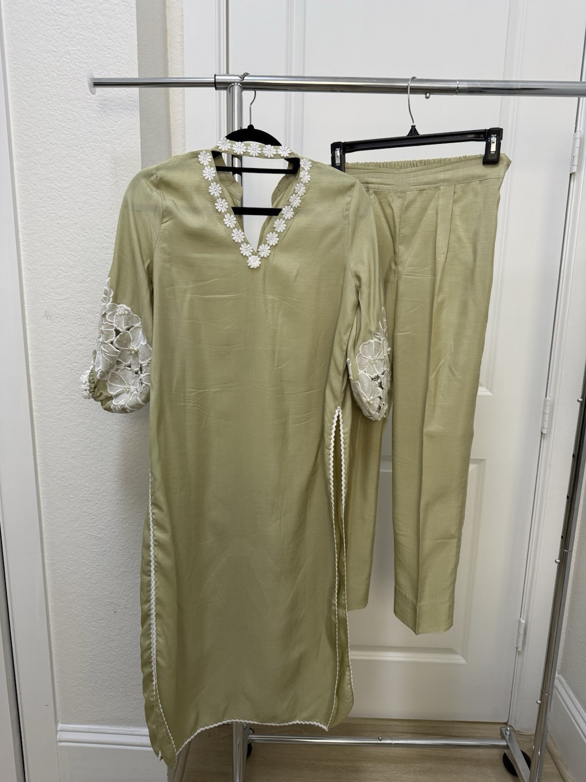 Two pcs sage green balloon sleeves top and straight pants Zainab Zulfiqar